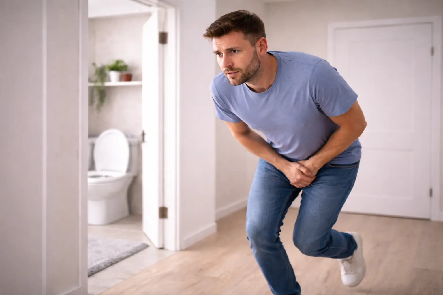 Мужчина бежит к туалету